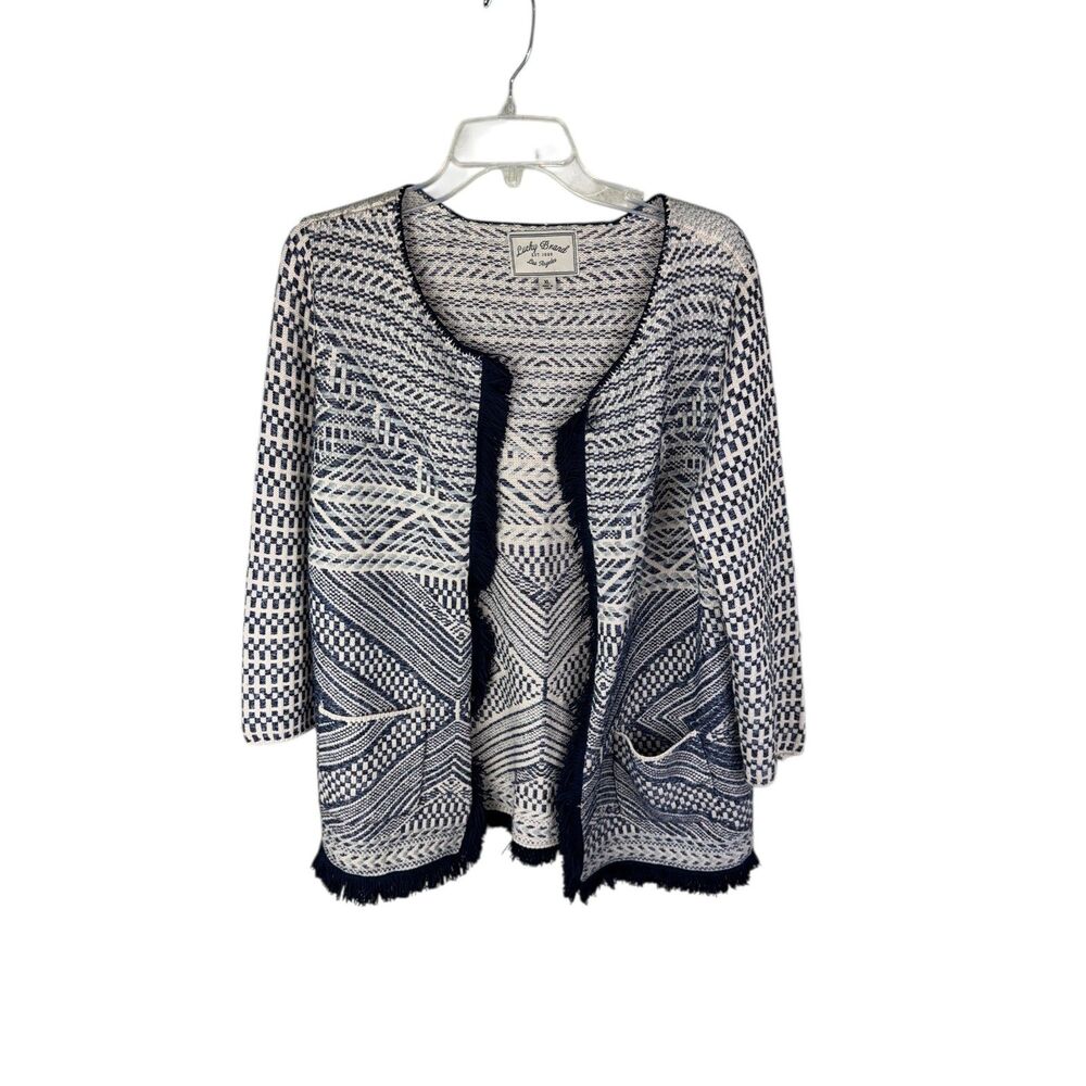 Lucky Brand Women's XL Open Front Aztec Fringe Cardigan Sweater Geometric Blue
